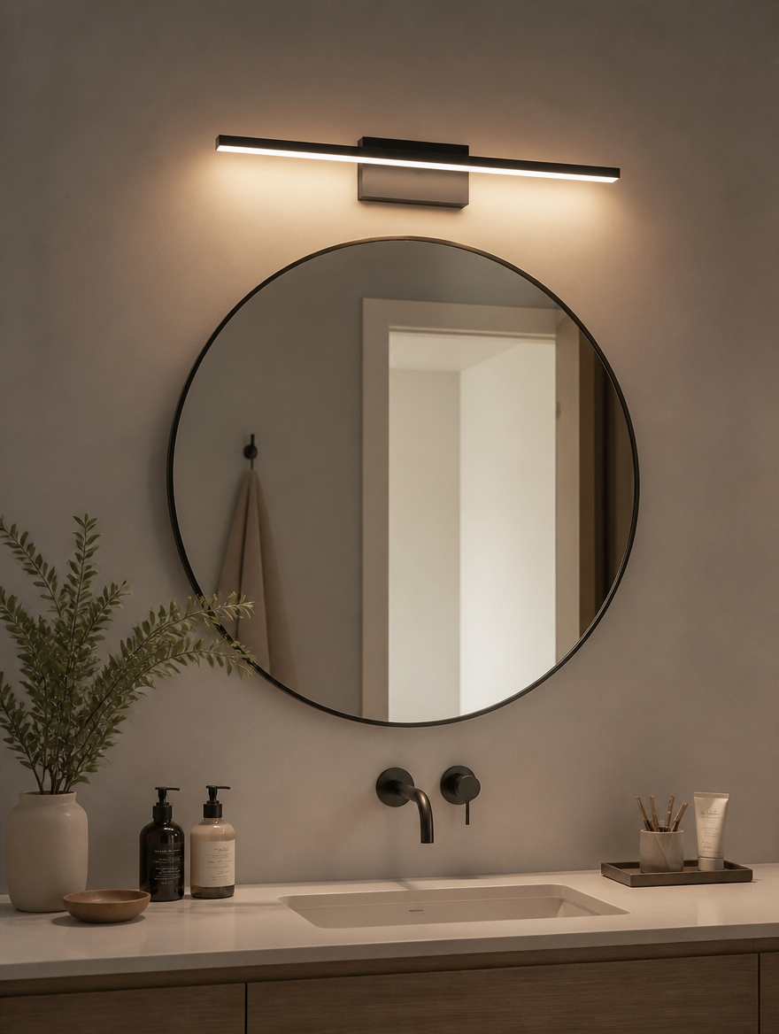 Nordic LED wall sconce above bathroom vanity