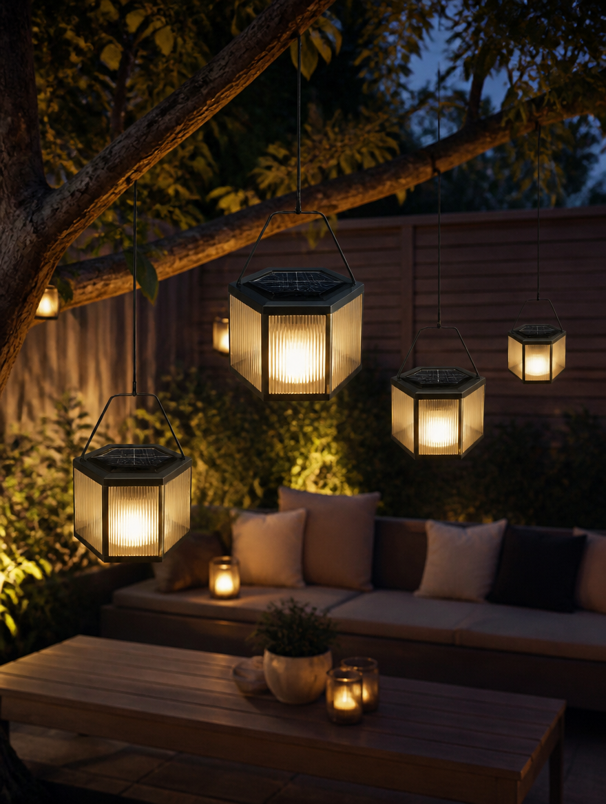 Hanging hexagonal solar lanterns in backyard patio