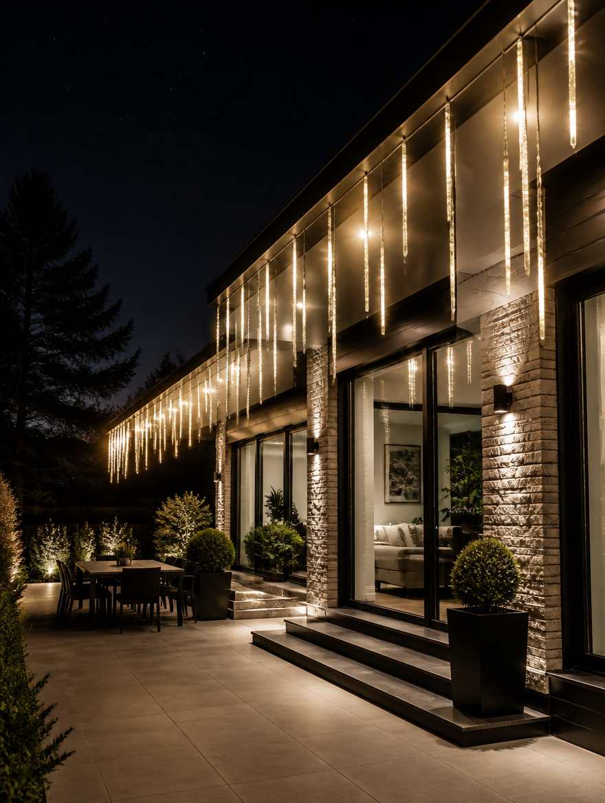 LED meteor shower lights on house eaves at night
