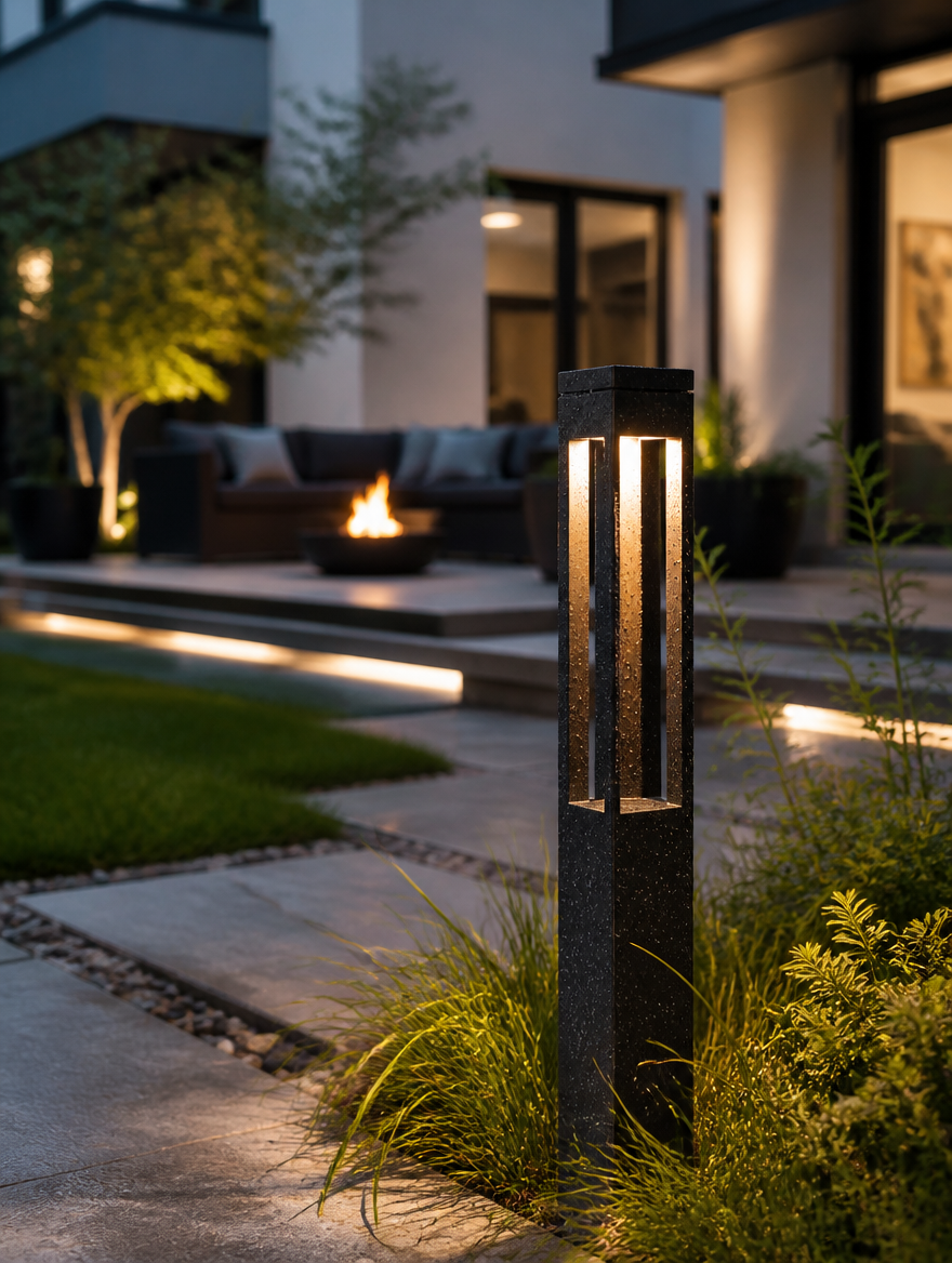 Waterproof LED lawn lamp pillar in backyard seating area