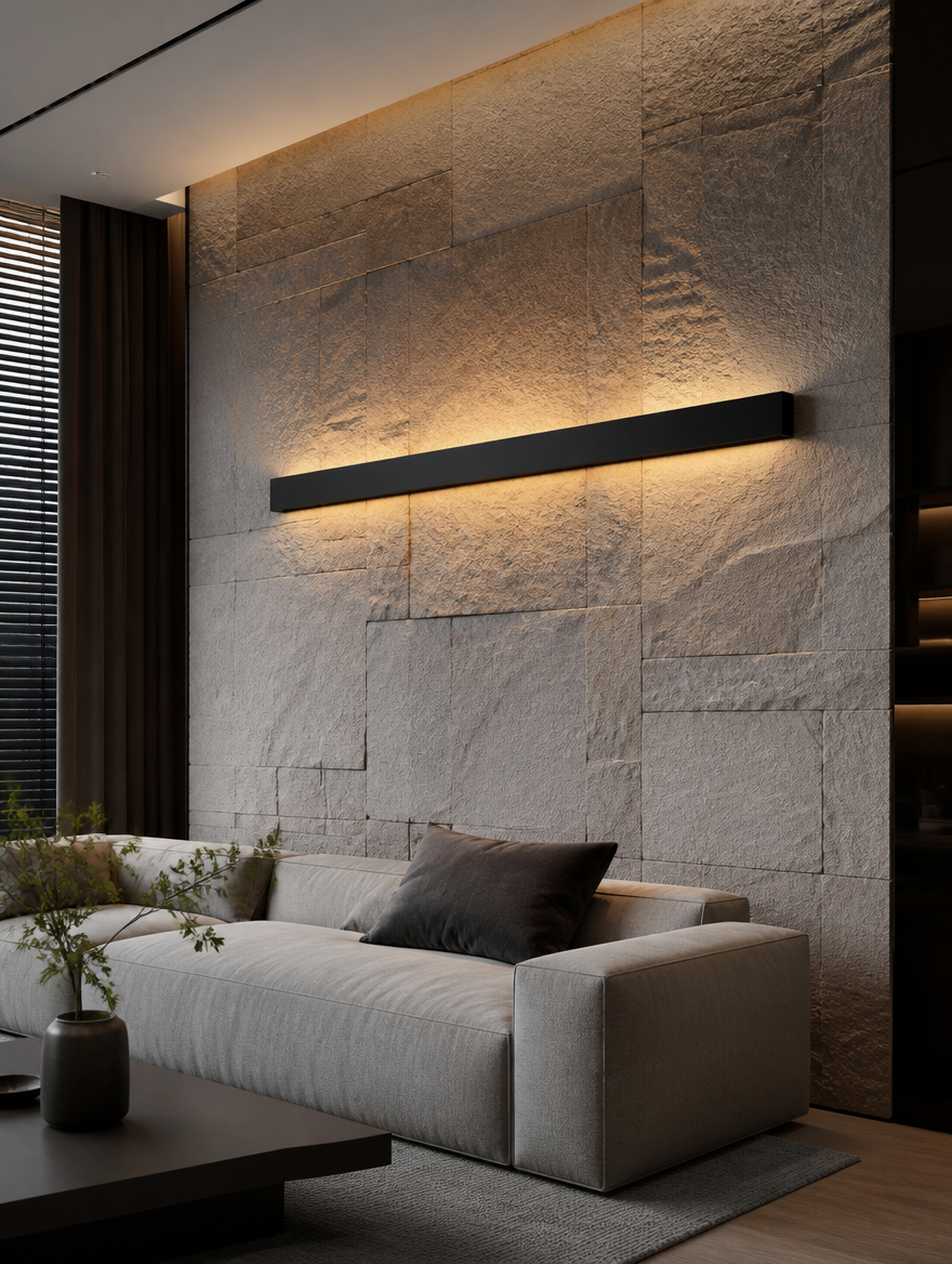 Stone textured LED wall lamp in contemporary living room