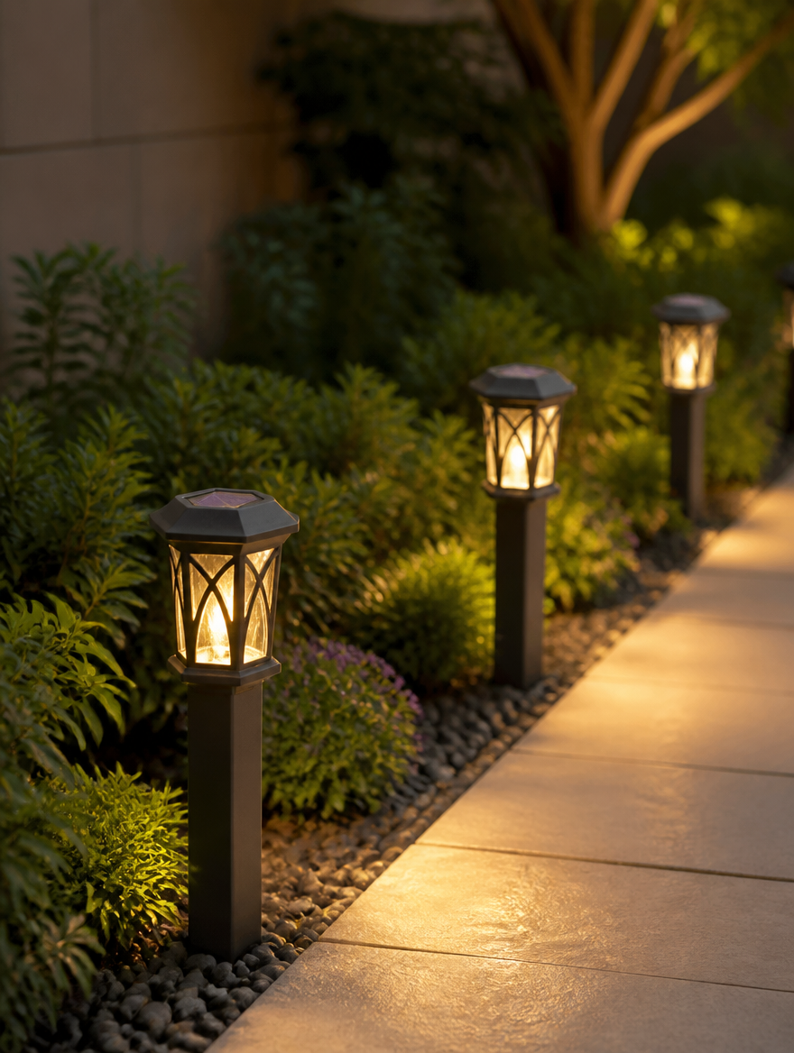 Hexagonal solar path lanterns along garden walkway