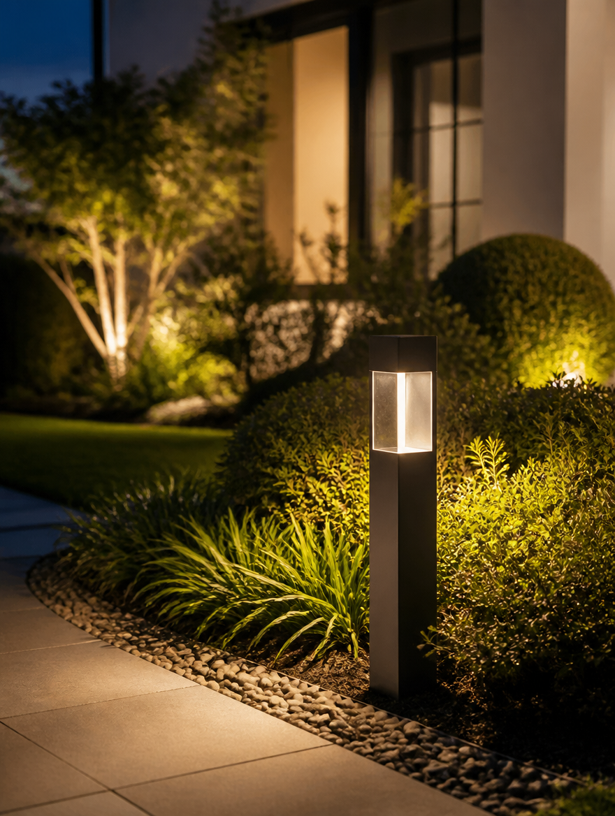 Modern LED lawn pillar light in landscaped front yard