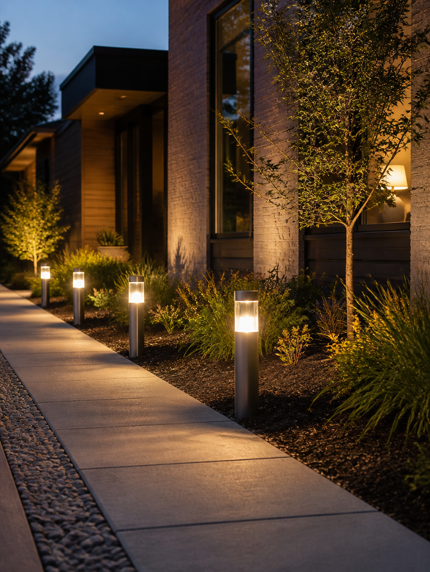 Aluminum LED garden bollard lights lining walkway