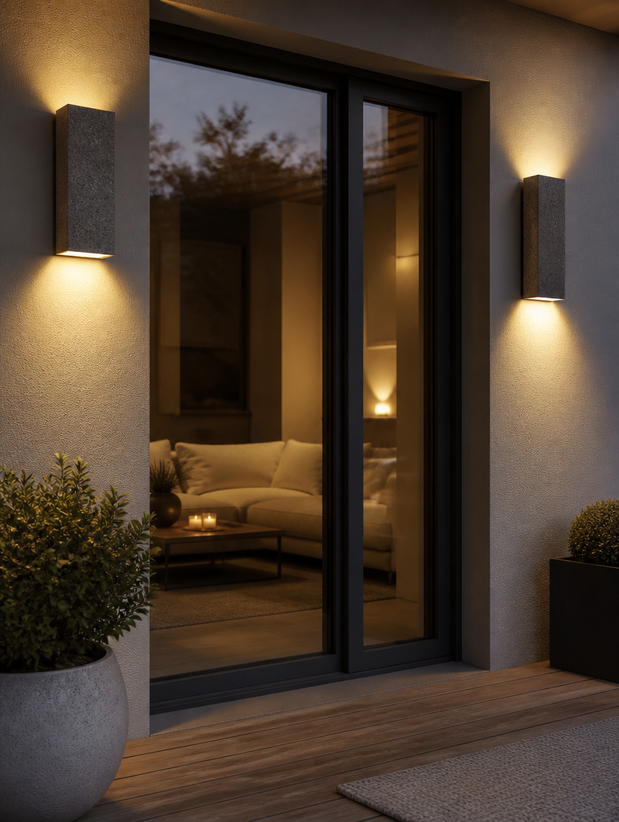 Waterproof stone LED wall lights on patio doorway