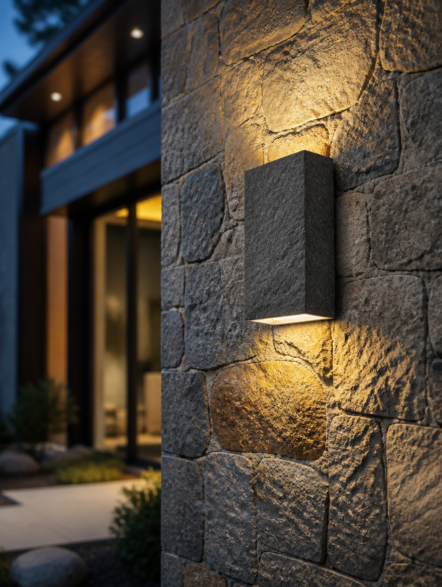 Natural stone LED wall light on modern home exterior