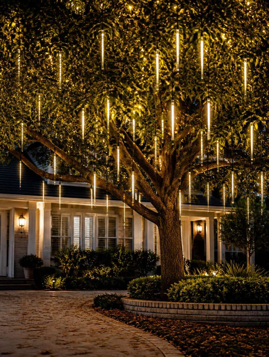 Solar meteor shower lights cascading from tree at night