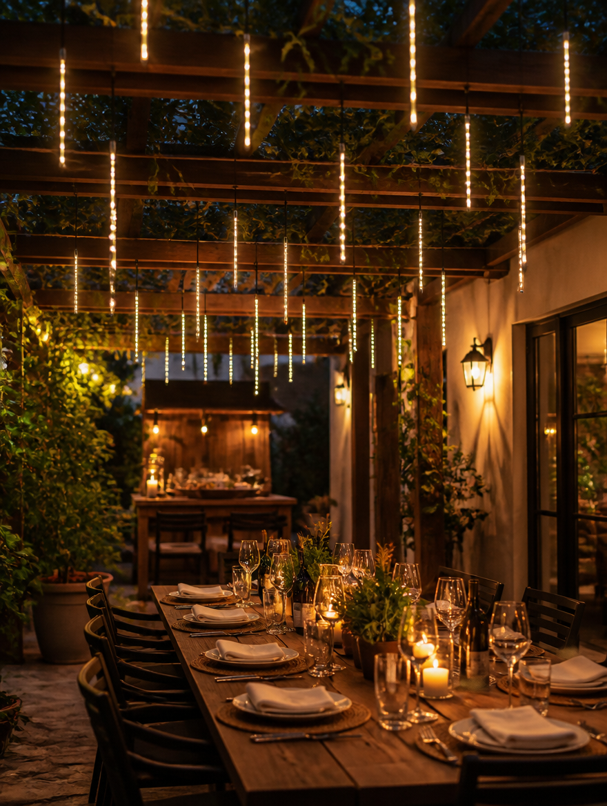 Meteor shower tube lights on pergola at dinner party