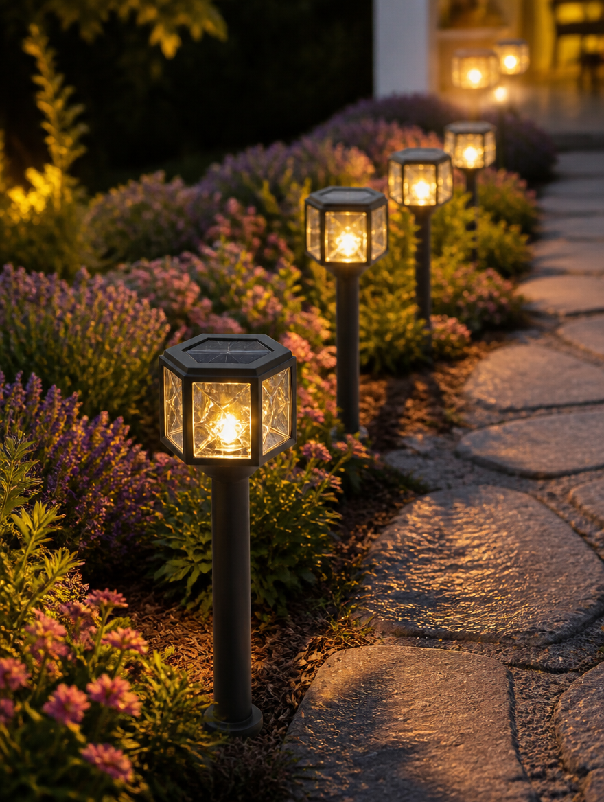 Decorative hexagonal solar garden lights on stone pathway