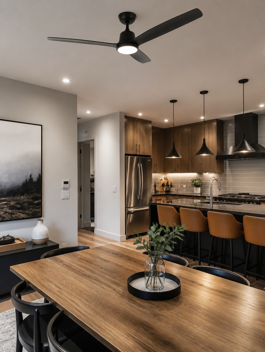 AeroBlade LED Ceiling Fan in kitchen dining area