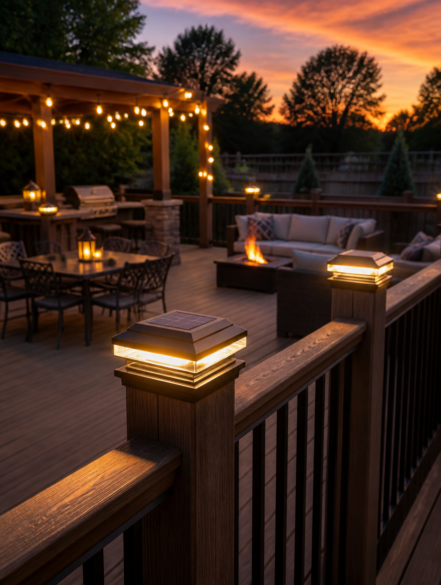 SolCap Solar Post Light on deck fence at sunset