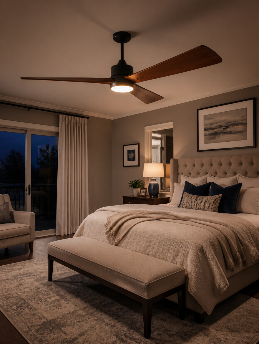 AeroBlade LED Ceiling Fan in master suite
