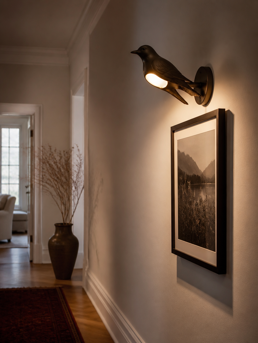 Aviari Sculptural Bird Sconce in a hallway