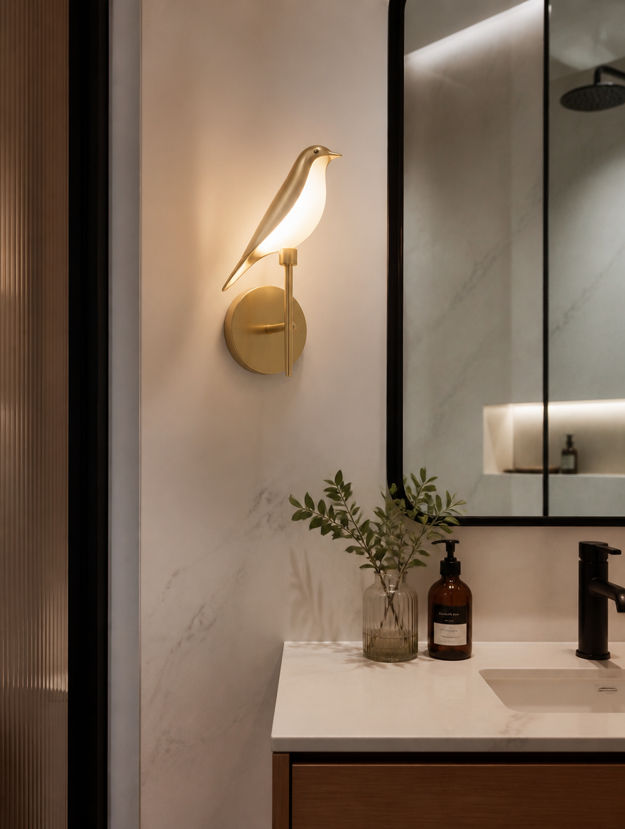 Aviari Sculptural Bird Sconce beside a bathroom mirror