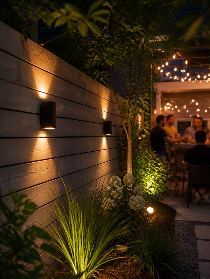 SolarFlux Outdoor Wall Sconce on a backyard fence