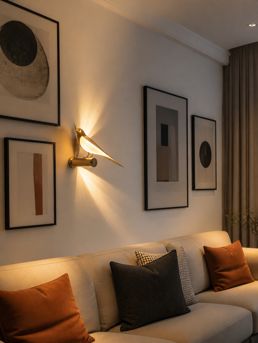 Aviari Sculptural Bird Sconce on a living room wall