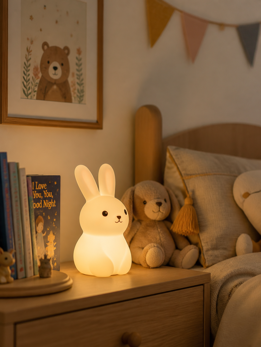 BunnyGlow LED Night Lamp glowing on a child's bedside table