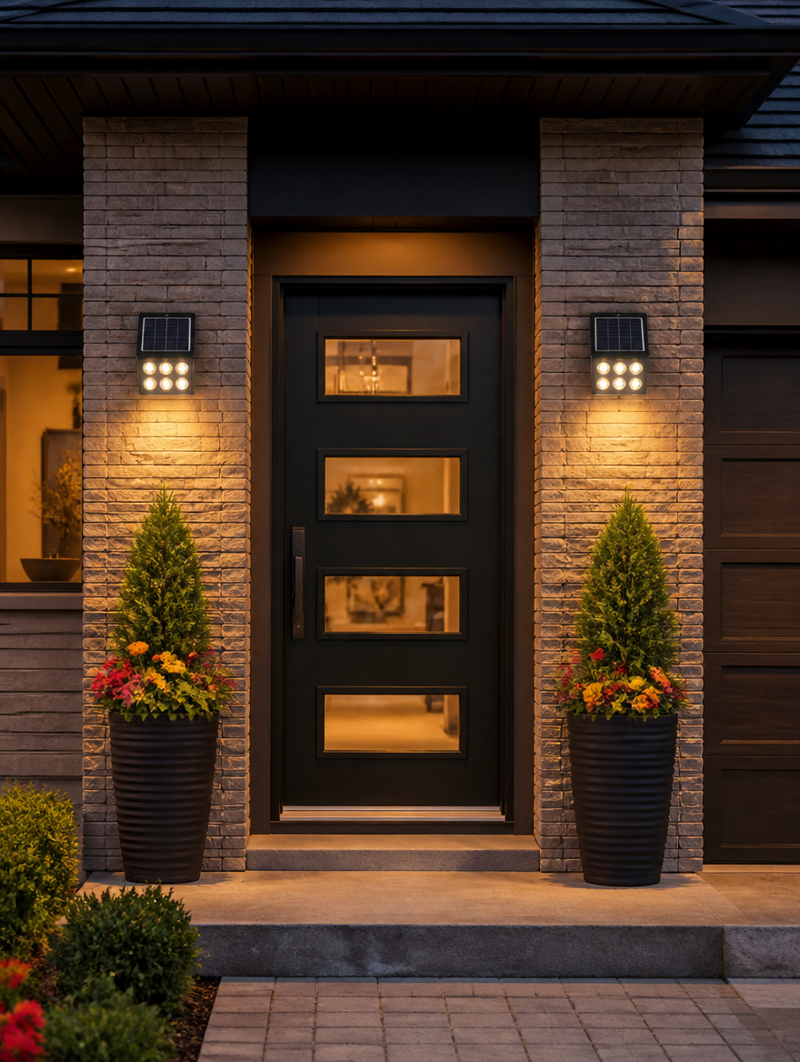 SolarFlux Outdoor Wall Sconce flanking a front entrance