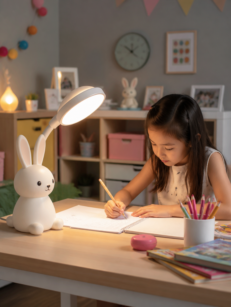 BunnyGlow LED Night Lamp illuminating a child's desk