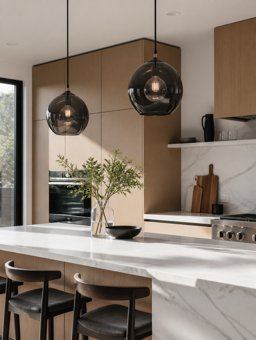 OrbLux Glass Globe Chandelier in a kitchen island area
