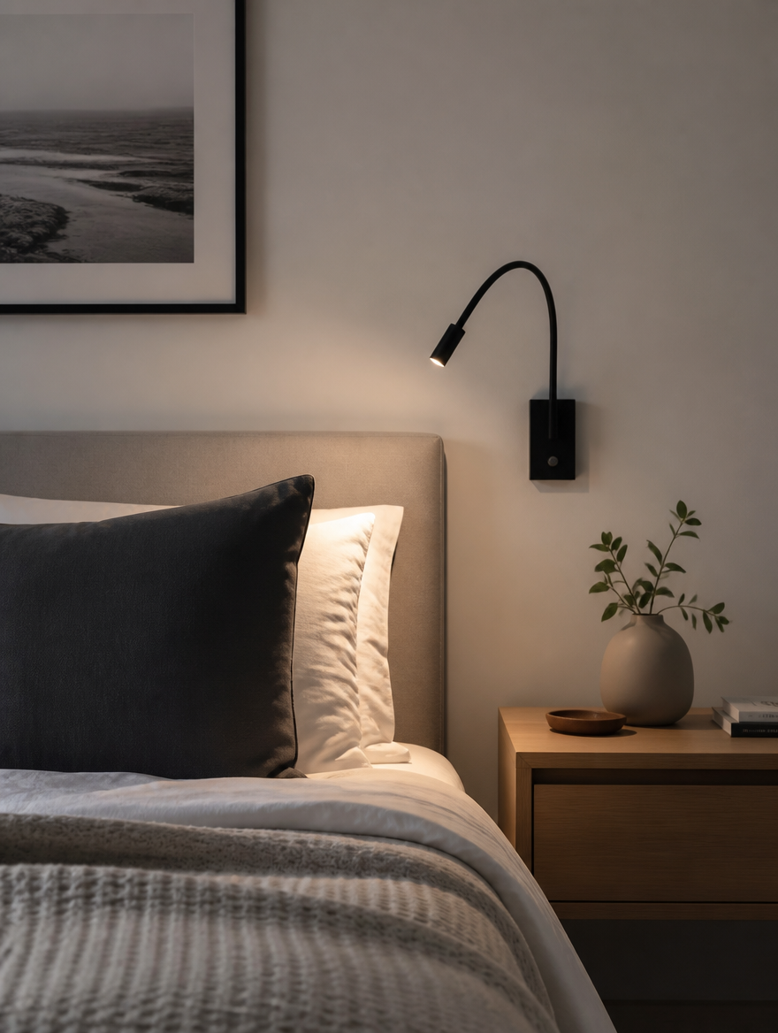 FlexiGlow Rotatable Wall Lamp in a guest room