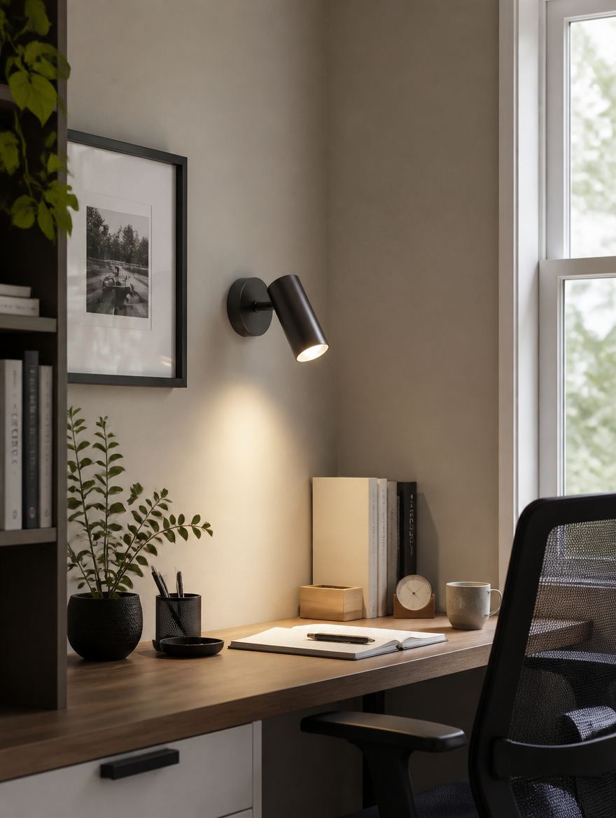 PivotBeam Adjustable Wall Sconce in a home office