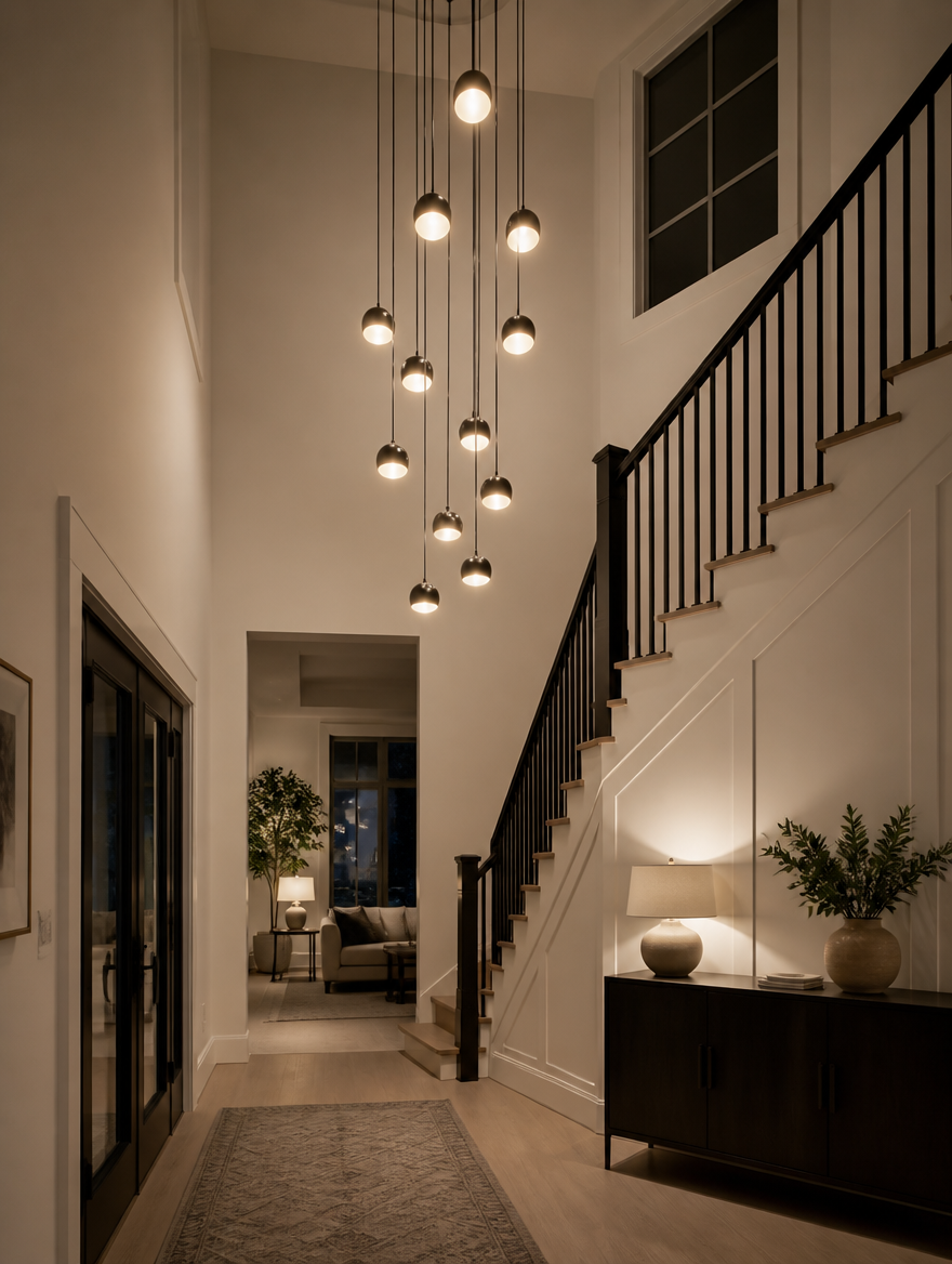 NordPendant Staircase Chandelier in an entryway