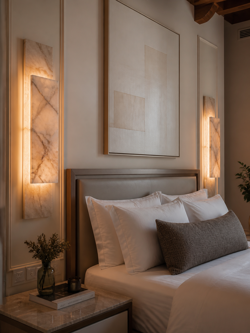 MarbleLux Alabaster Wall Sconce beside a bed