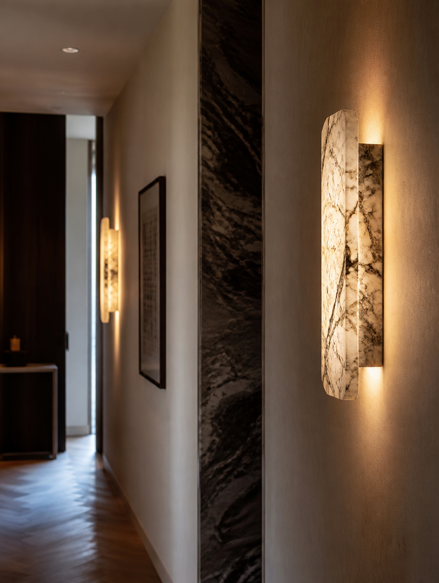 MarbleLux Alabaster Wall Sconce in a corridor
