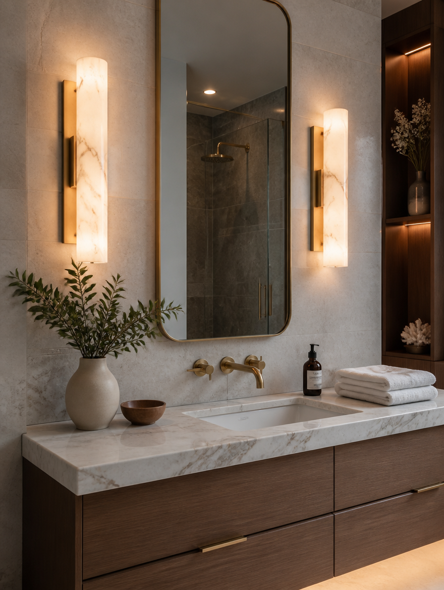 MarbleLux Alabaster Wall Sconce in a bathroom