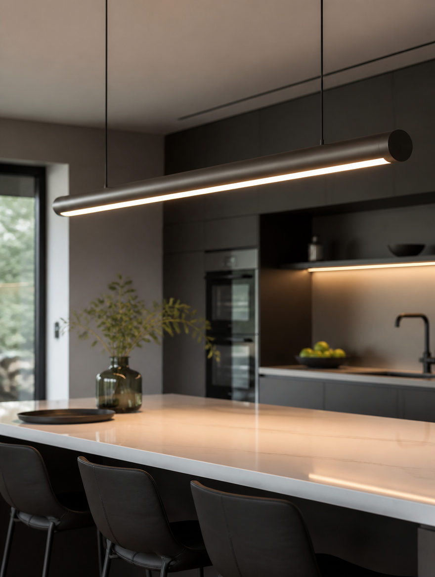 Long line pendant lamp over kitchen island