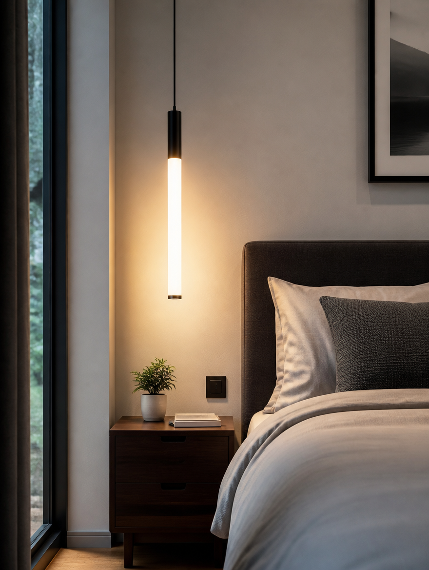 Sunlight tube pendant lamp beside modern bed