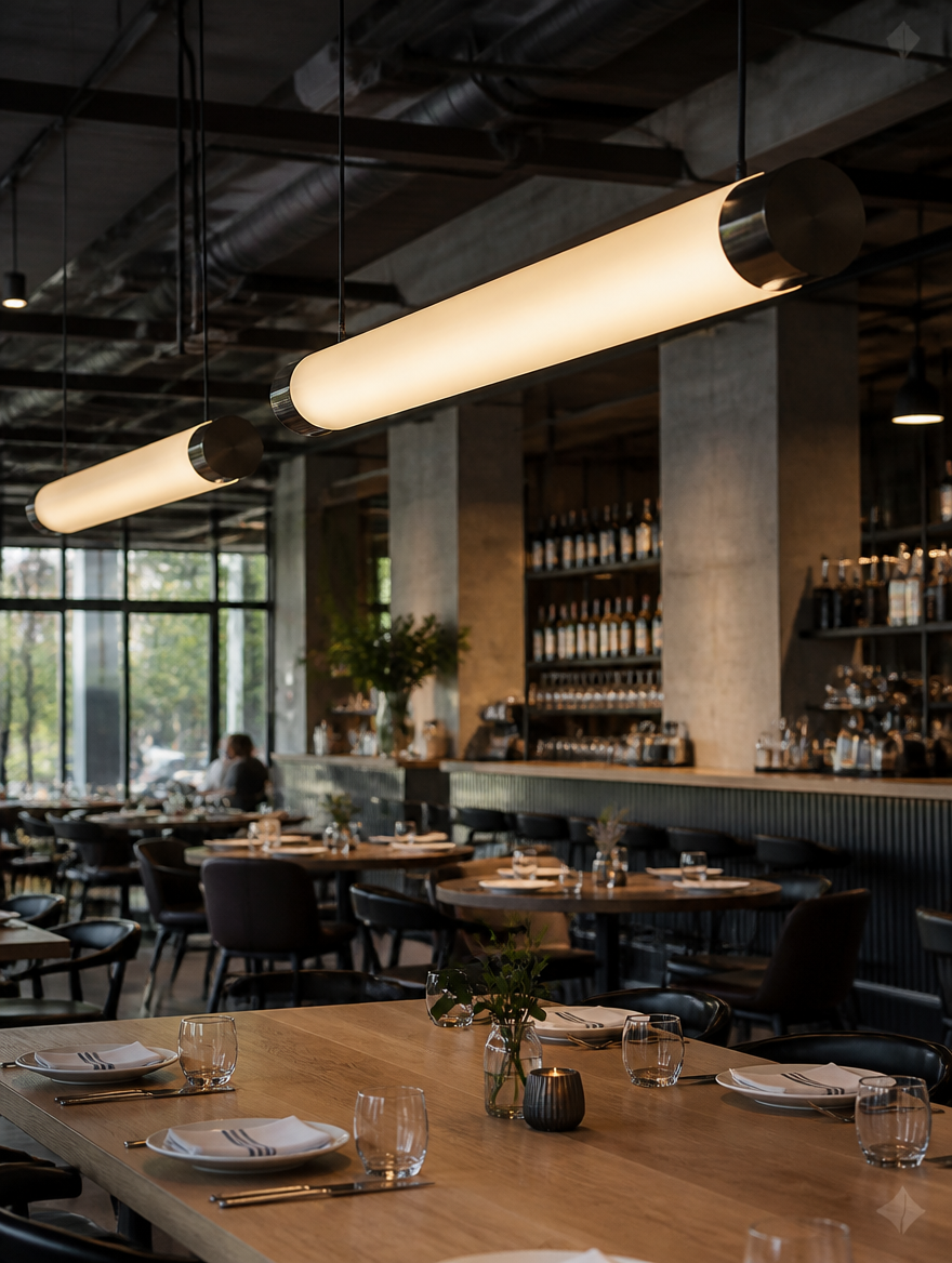 Tube pendant lamp in modern restaurant
