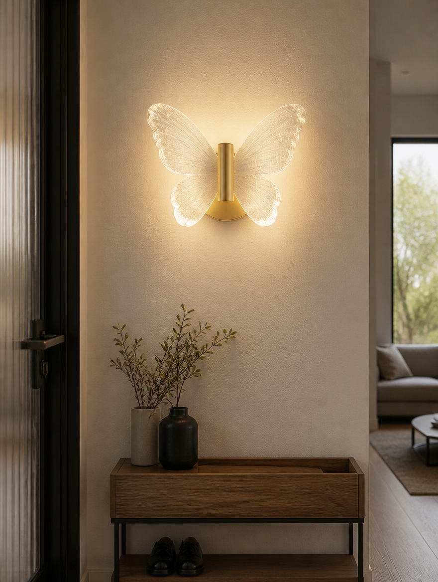 Rotatable butterfly LED sconce in entryway