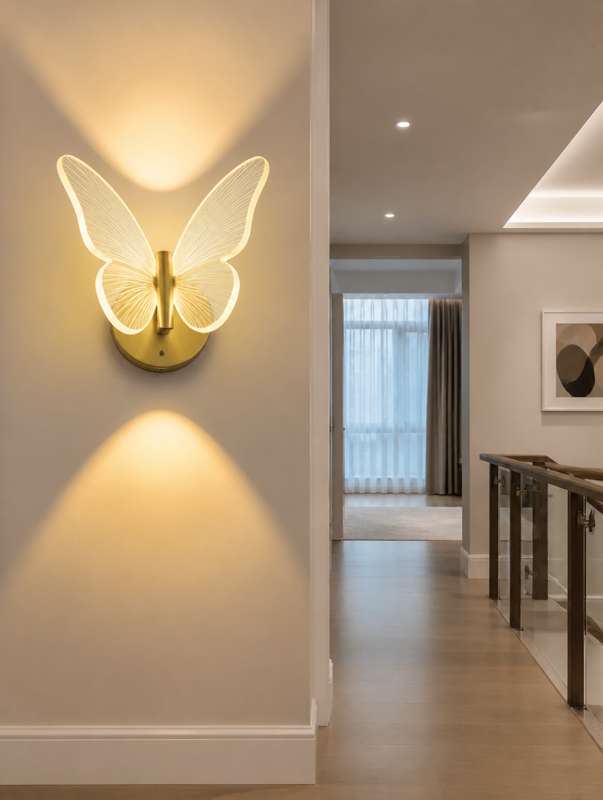 Butterfly LED wall sconce in modern hallway