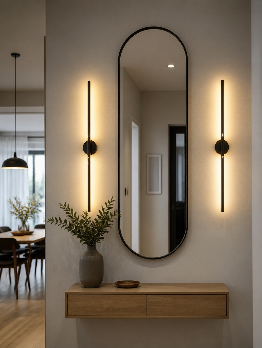 Modern LED wall lights flanking mirror in hallway