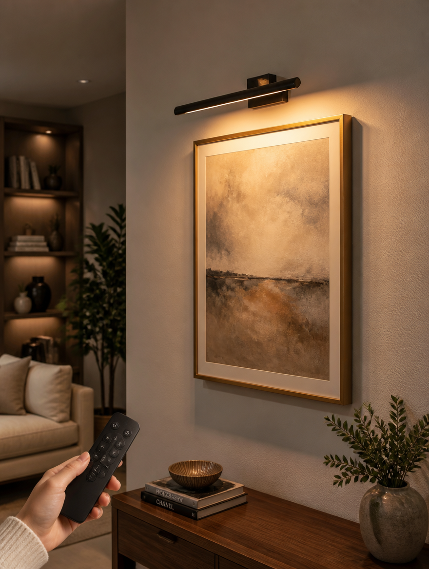 Battery-powered picture light above framed art