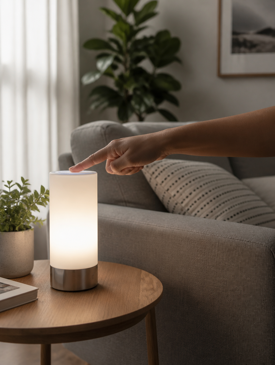 Touch-activated LED table lamp in living room