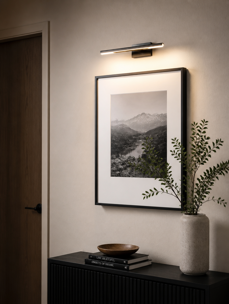 Battery-powered picture light in modern hallway