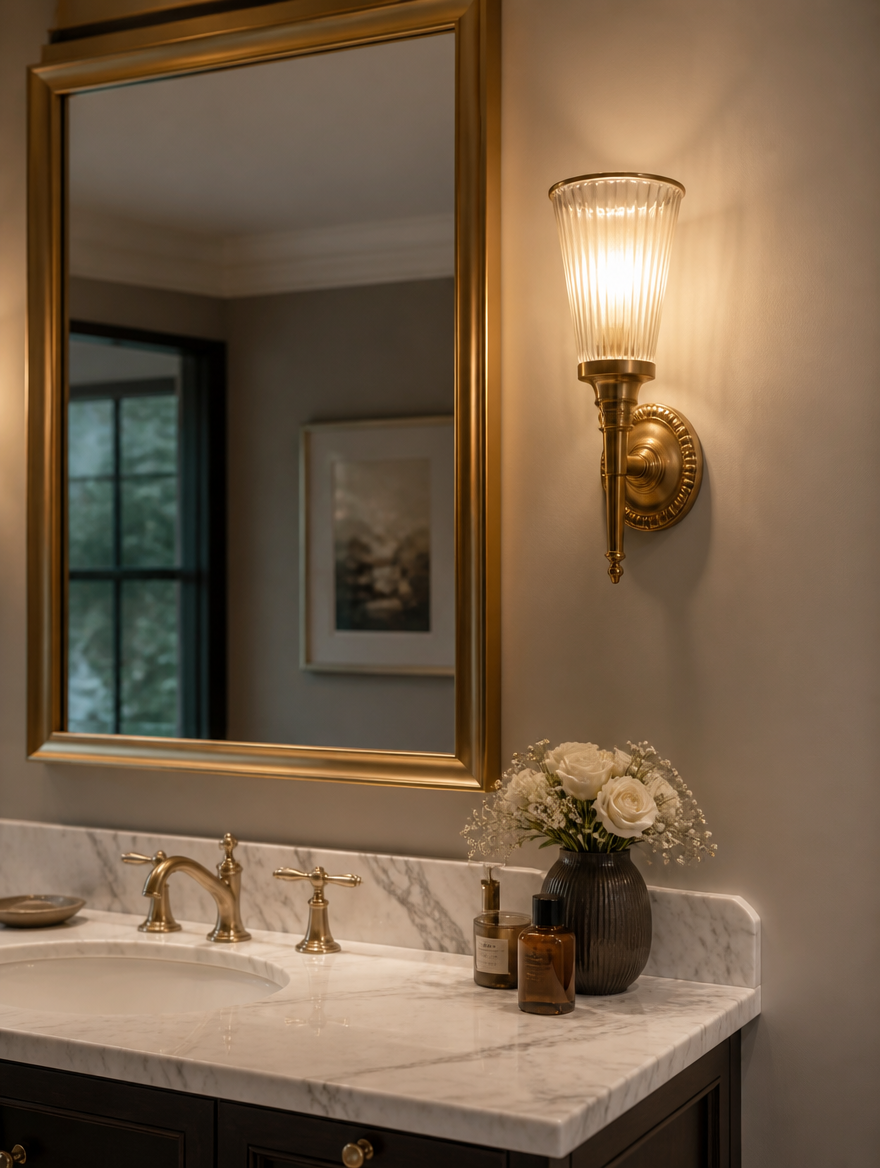 Retro luxury wall lamp beside bathroom mirror