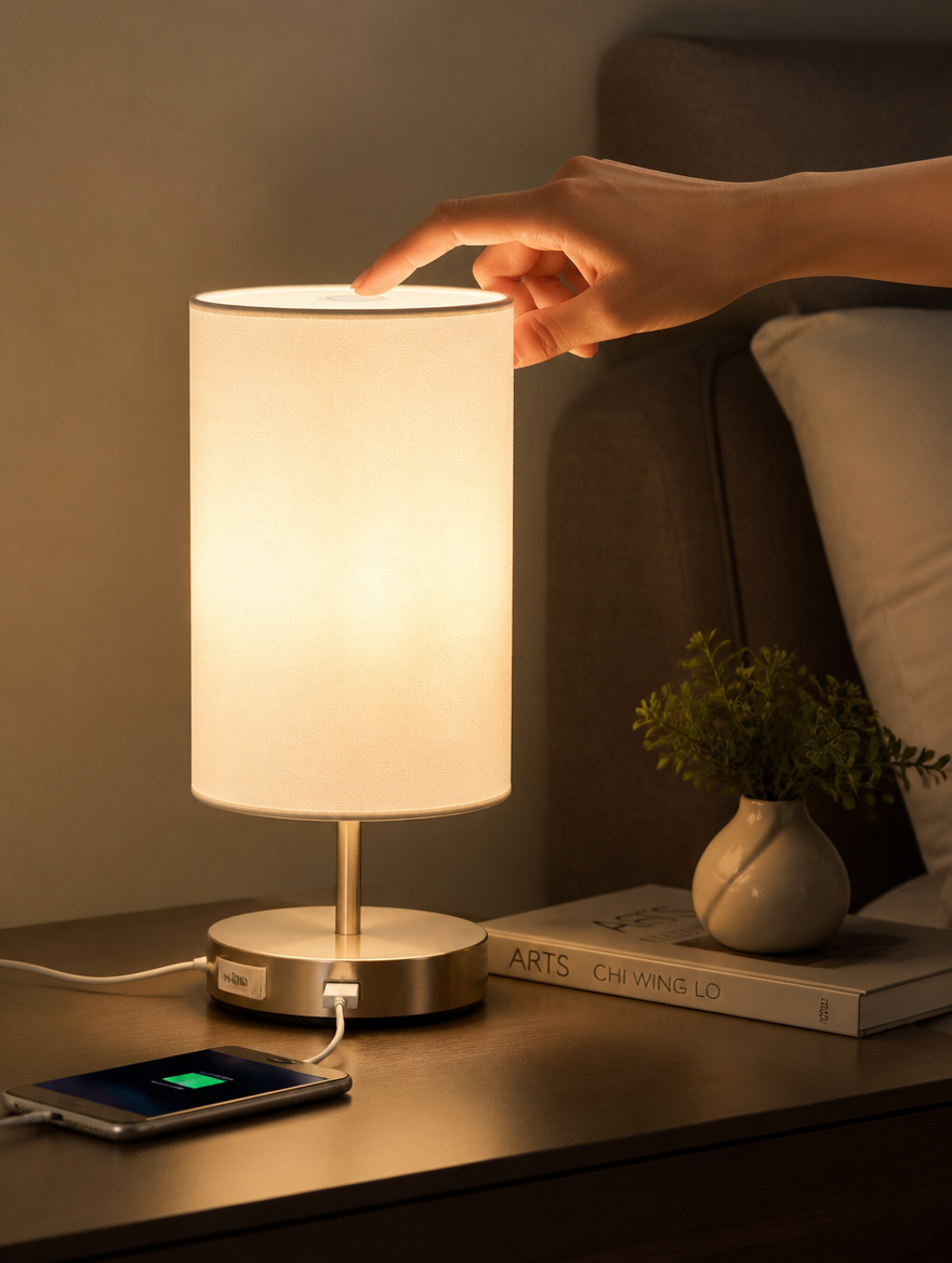 Touch LED table lamp on modern nightstand