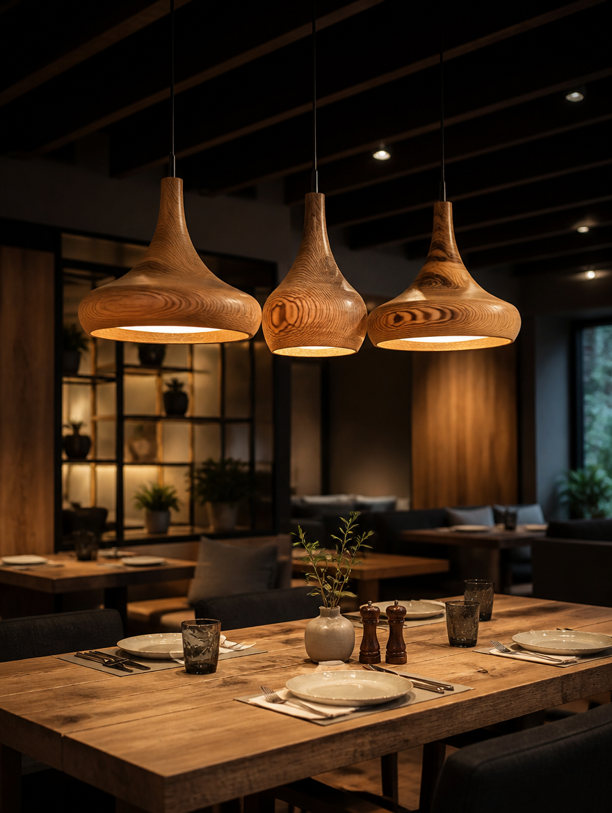 Wood-grain chandelier above dining table