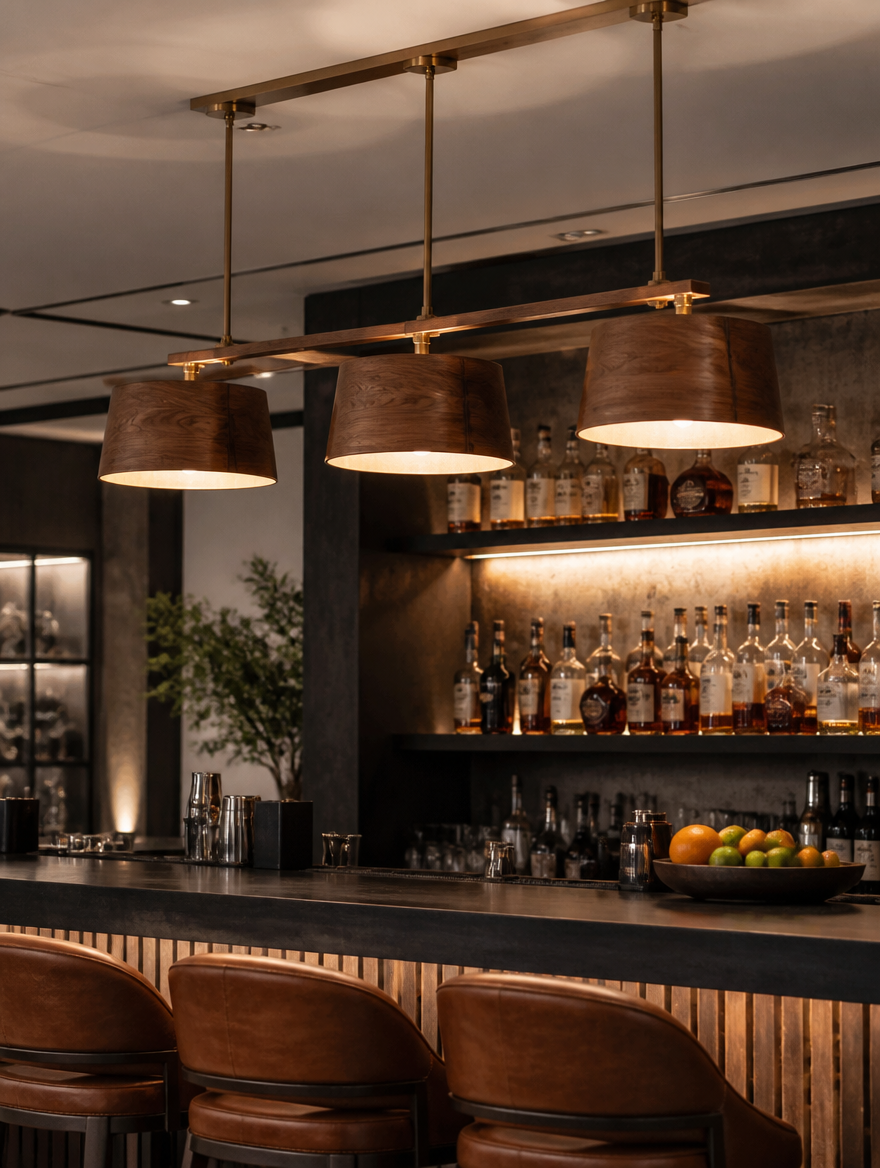 Walnut grain restaurant chandelier over bar