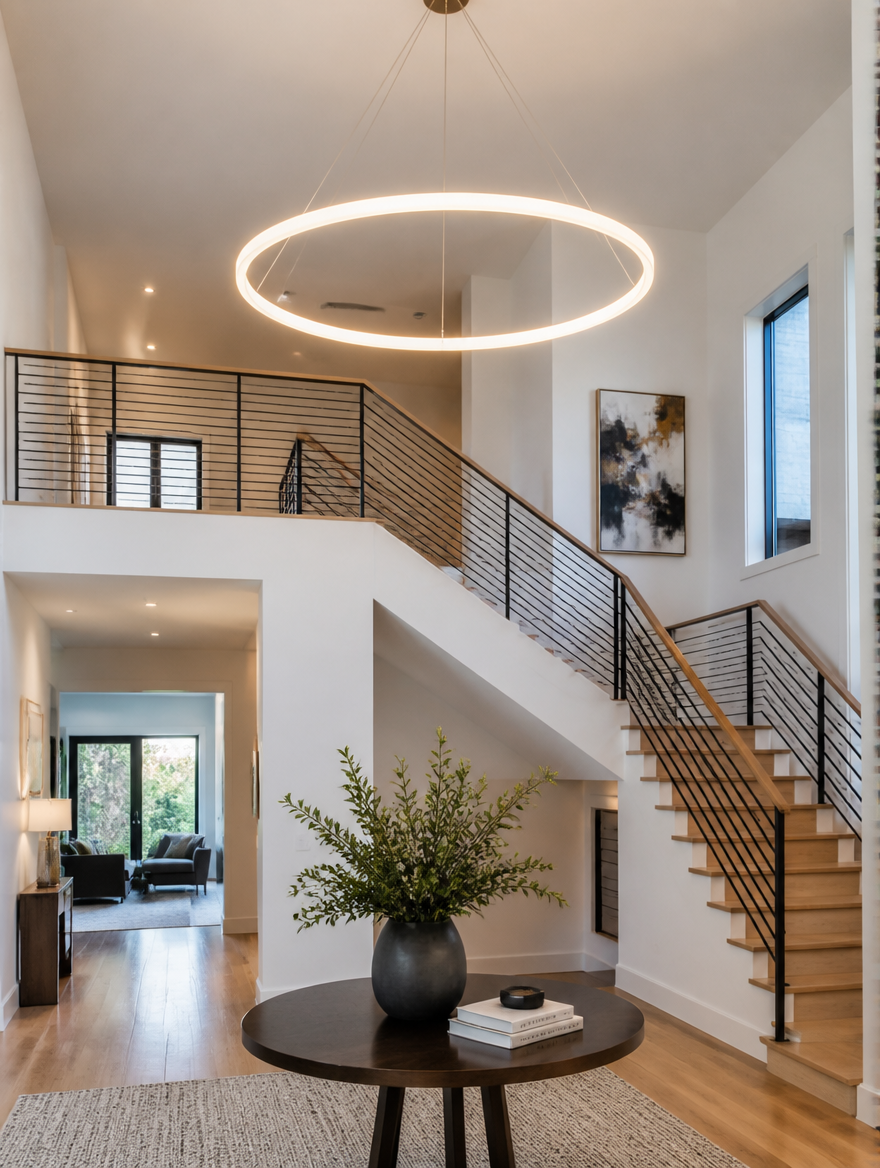 White LED ring chandelier in modern foyer