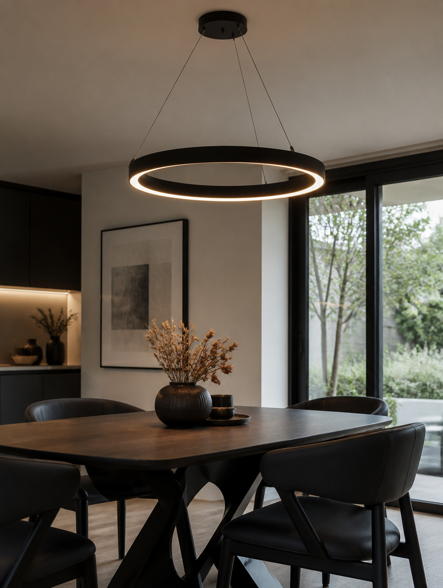 Black ring pendant lamp above dining table