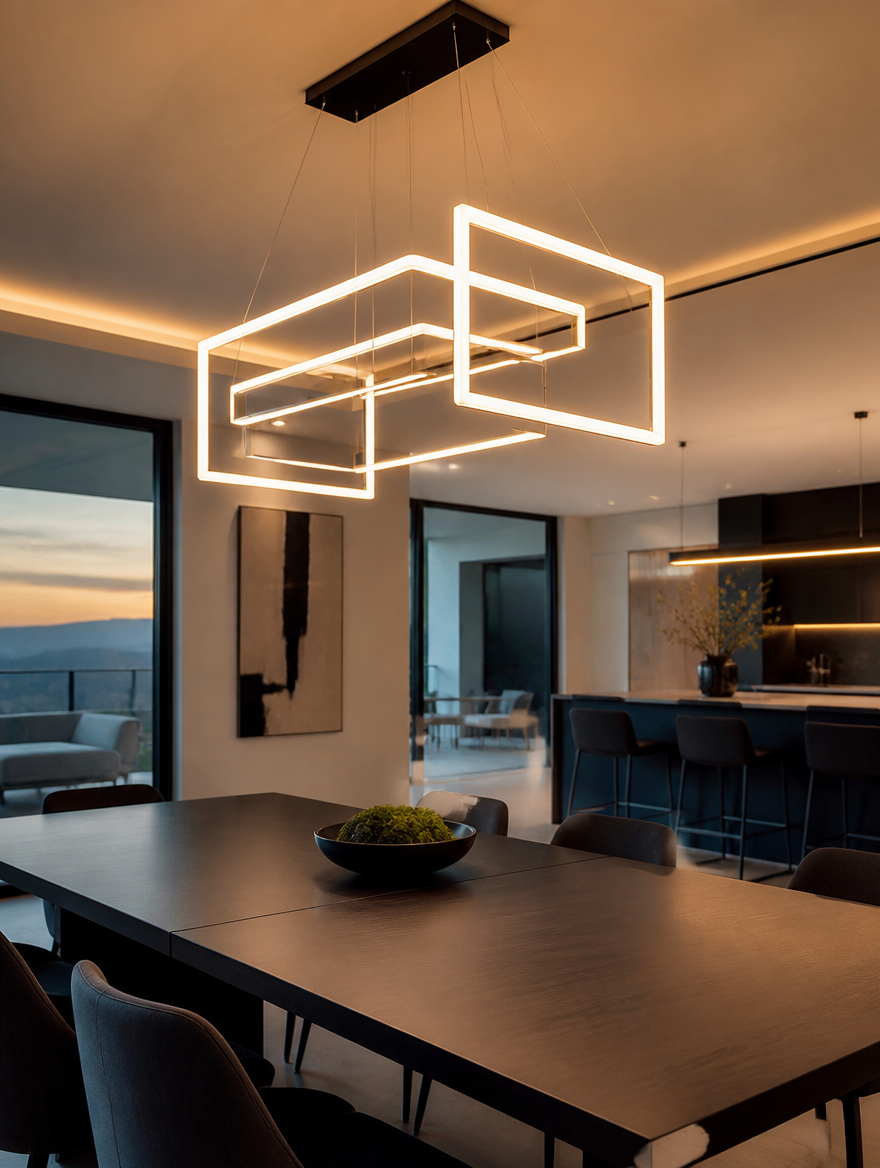 LED chandelier in spacious dining area