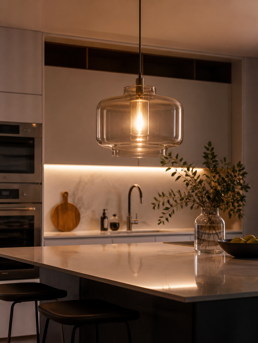 Glass LED pendant lamp over kitchen counter