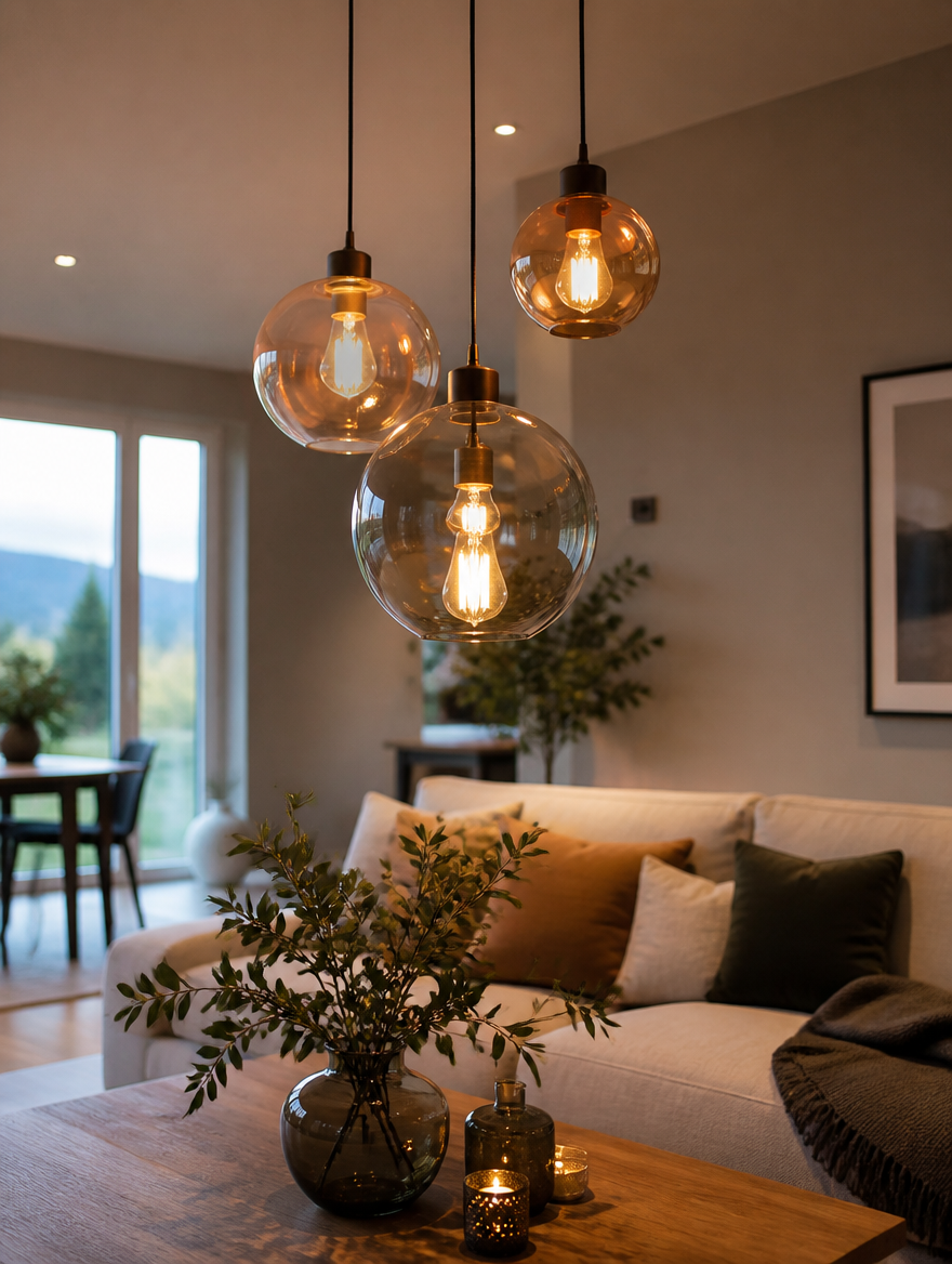 Glass hanging lamps in modern living room