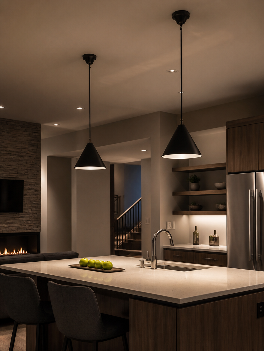 Dimmable pendant light over kitchen island