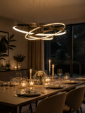 Modern LED chandelier above dining table